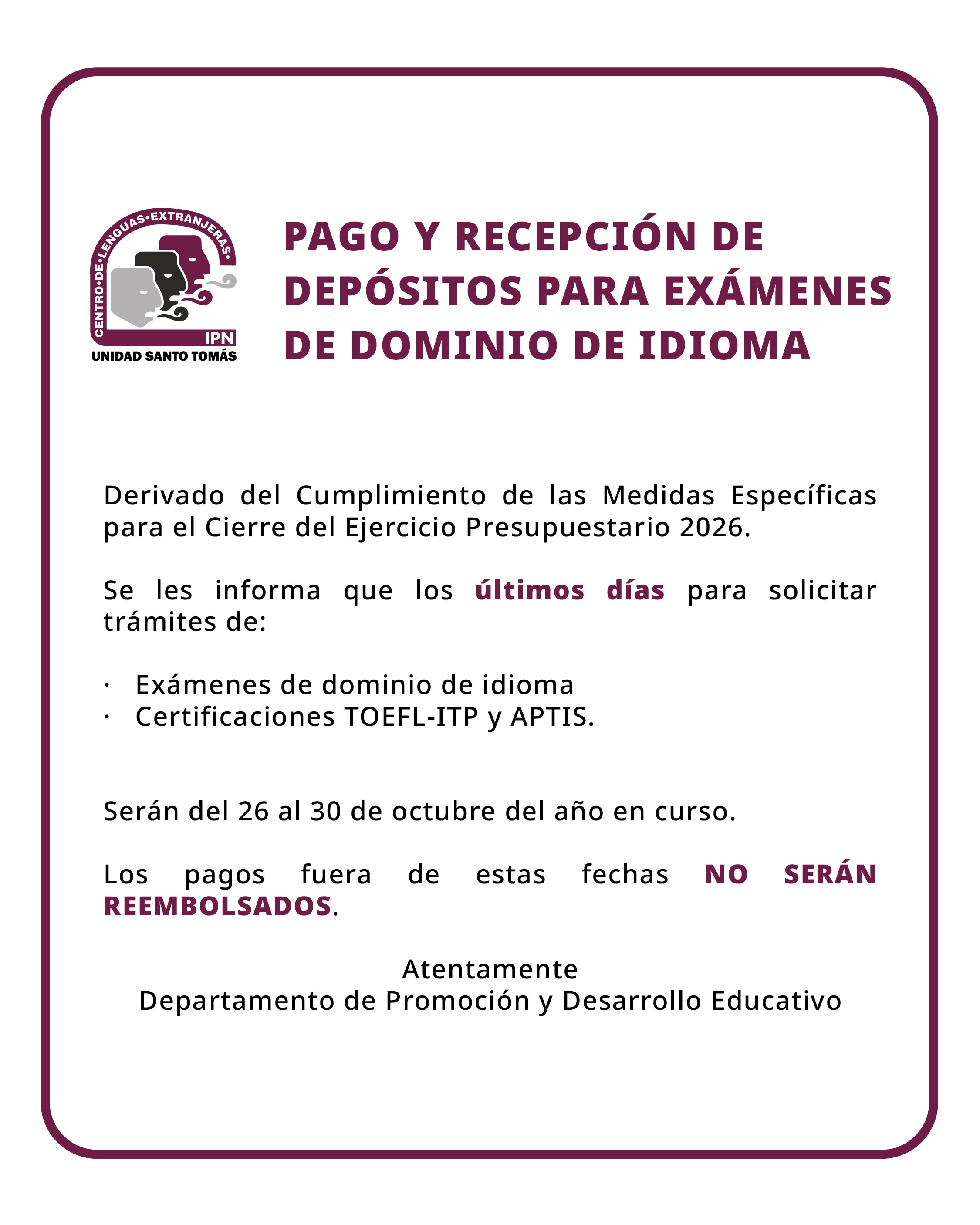 Aviso Pagos Examenes de Idioma